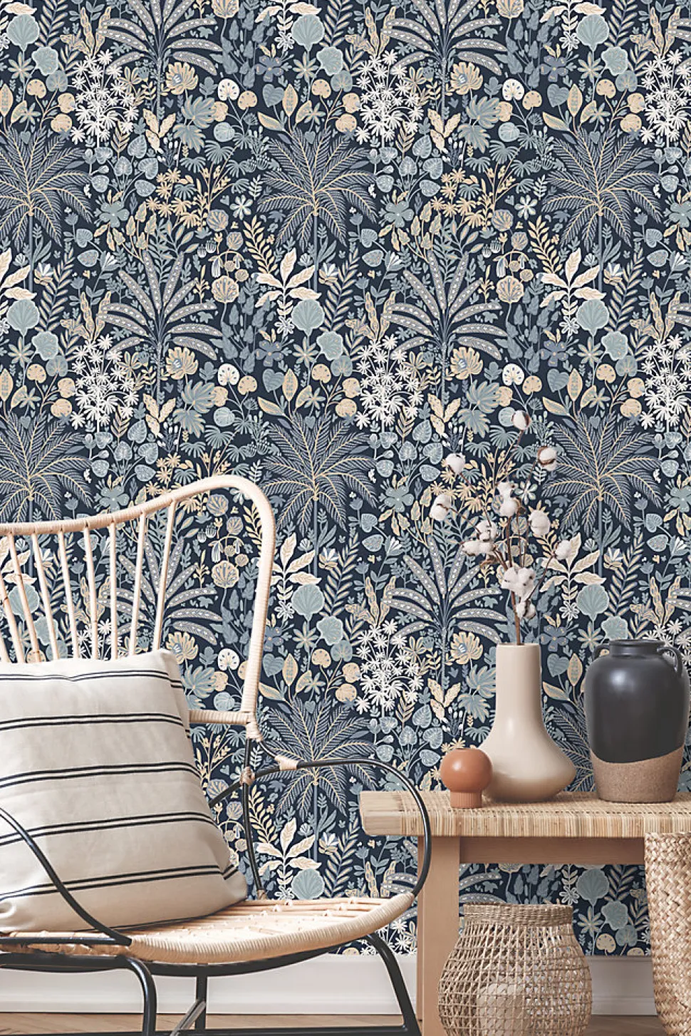 ESTAhome papier peint feuilles et fleurs tropicales bleu gris et beige - 0.53 x 10.05 m - 130948