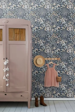 ESTAhome papier peint feuilles et fleurs tropicales bleu gris et beige - 0.53 x 10.05 m - 130948