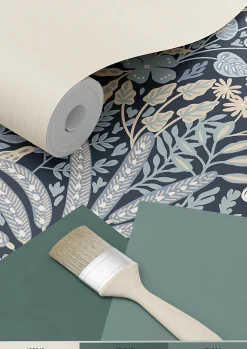 ESTAhome papier peint feuilles et fleurs tropicales bleu gris et beige - 0.53 x 10.05 m - 130948
