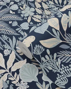 ESTAhome papier peint feuilles et fleurs tropicales bleu gris et beige - 0.53 x 10.05 m - 130948