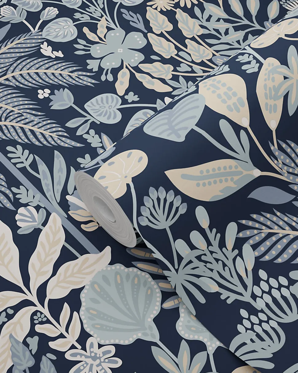 ESTAhome papier peint feuilles et fleurs tropicales bleu gris et beige - 0.53 x 10.05 m - 130948