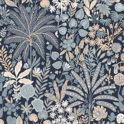 ESTAhome papier peint feuilles et fleurs tropicales bleu gris et beige - 0.53 x 10.05 m - 130948