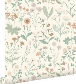 ESTAhome papier peint fleurs des champs vert, terracotta et violet - 53 cm x 10.05 m - 139481