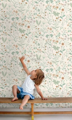 ESTAhome papier peint fleurs des champs vert, terracotta et violet - 53 cm x 10.05 m - 139481