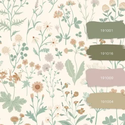 ESTAhome papier peint fleurs des champs vert, terracotta et violet - 53 cm x 10.05 m - 139481