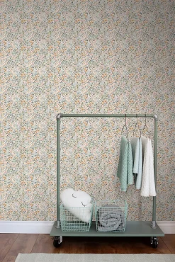 ESTAhome papier peint fleurs bleu grisâtre, rose terracotta et vert - 53 cm x 10.05 m - 139837