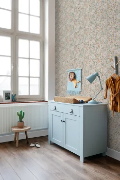 ESTAhome papier peint fleurs bleu grisâtre, rose terracotta et vert - 53 cm x 10.05 m - 139837