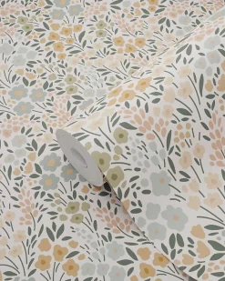 ESTAhome papier peint fleurs bleu grisâtre, rose terracotta et vert - 53 cm x 10.05 m - 139837