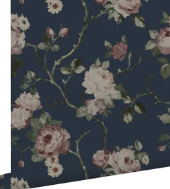 ESTAhome papier peint fleurs vintage bleu foncé et vieux rose - 53 cm x 10.05 m - 139409