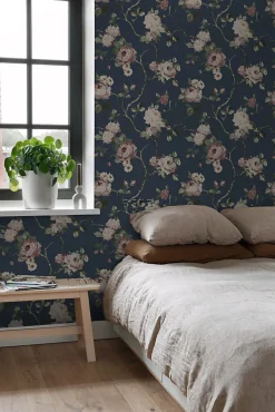 ESTAhome papier peint fleurs vintage bleu foncé et vieux rose - 53 cm x 10.05 m - 139409