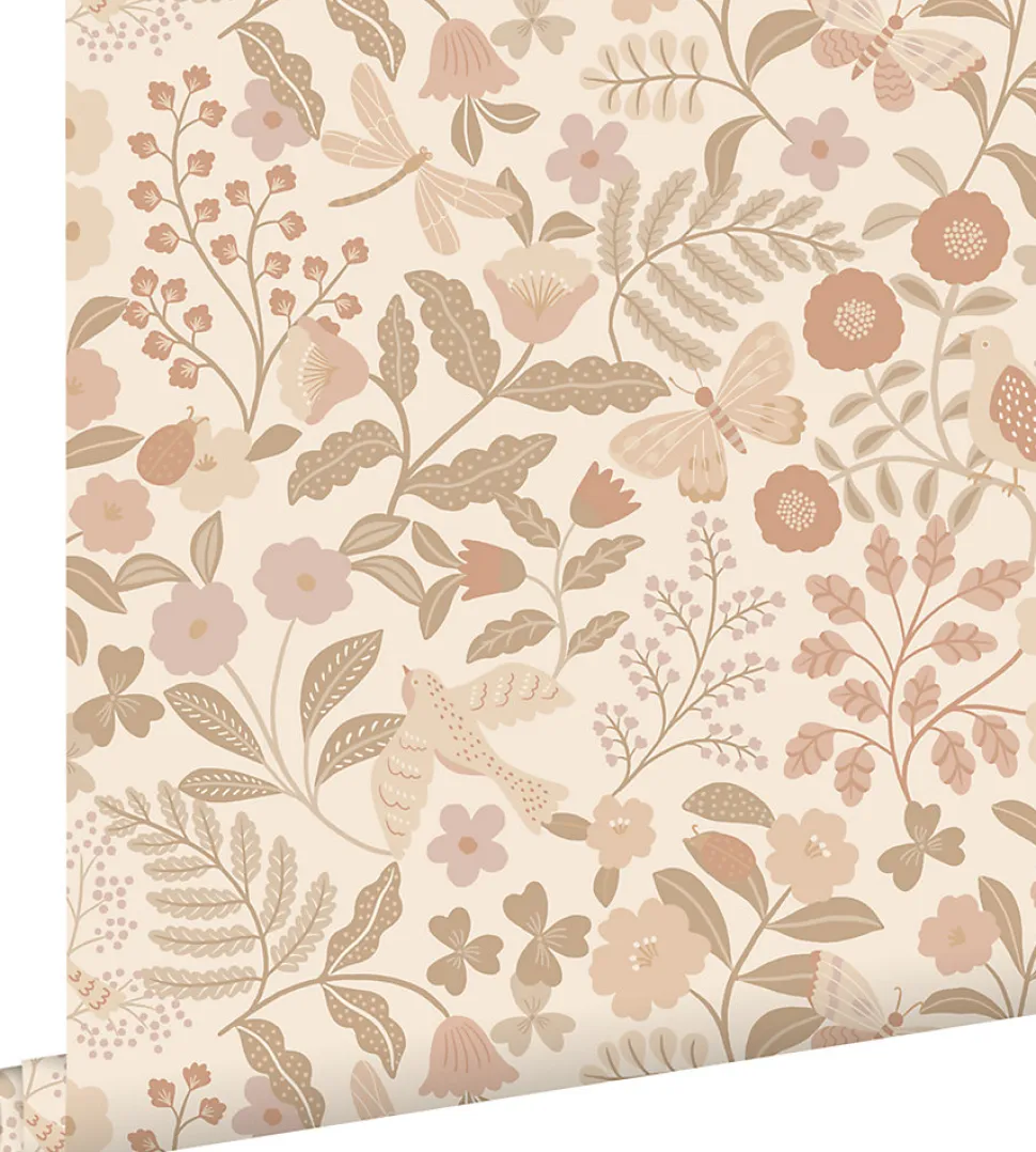 ESTAhome papier peint fleurs et oiseaux beige et rose clair - 53 cm x 10.05 m - 139868