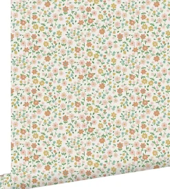 ESTAhome papier peint fleurs jaune ocre, rose clair et terracotta - 53 cm x 10.05 m - 139467
