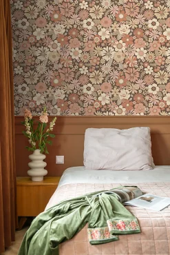 ESTAhome papier peint fleurs rétro vieux rose et beige - 53 cm x 10.05 m - 130966