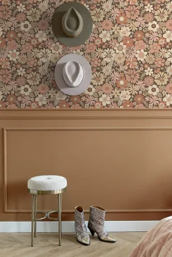 ESTAhome papier peint fleurs rétro vieux rose et beige - 53 cm x 10.05 m - 130966