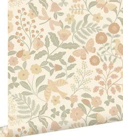 ESTAhome papier peint fleurs et oiseaux beige, vert et rose clair - 53 cm x 10.05 m - 139867