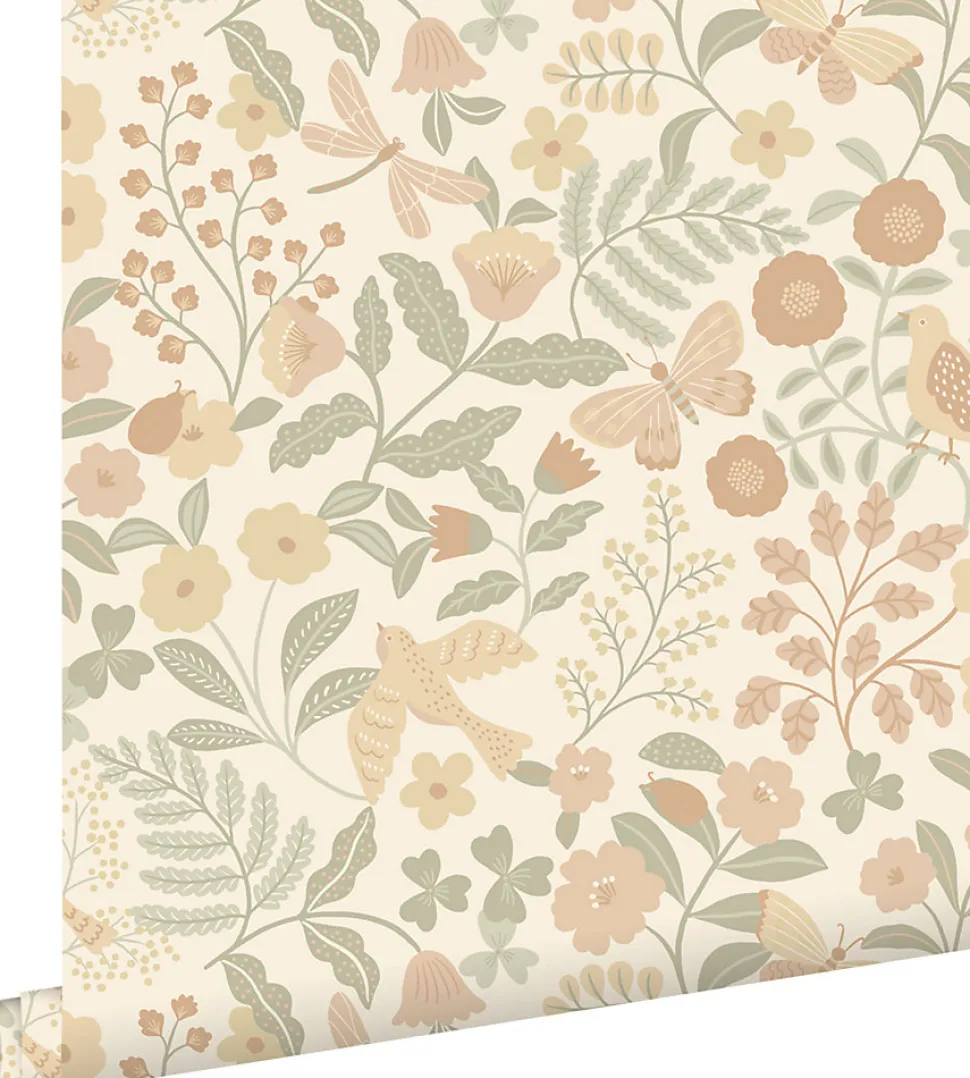 ESTAhome papier peint fleurs et oiseaux beige, vert et rose clair - 53 cm x 10.05 m - 139867