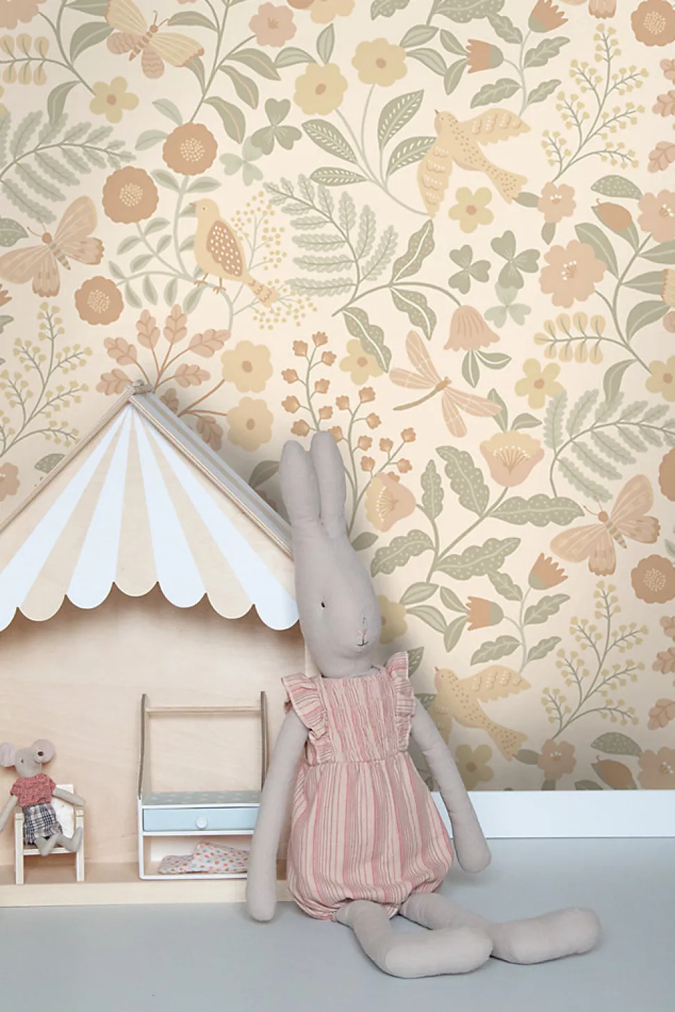 ESTAhome papier peint fleurs et oiseaux beige, vert et rose clair - 53 cm x 10.05 m - 139867