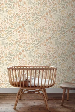 ESTAhome papier peint fleurs et oiseaux beige, vert et rose clair - 53 cm x 10.05 m - 139867