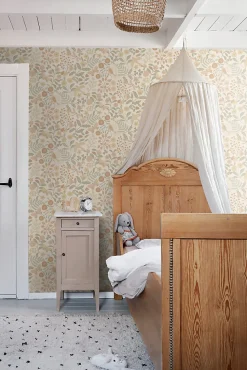ESTAhome papier peint fleurs et oiseaux beige, vert et rose clair - 53 cm x 10.05 m - 139867