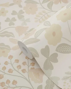 ESTAhome papier peint fleurs et oiseaux beige, vert et rose clair - 53 cm x 10.05 m - 139867