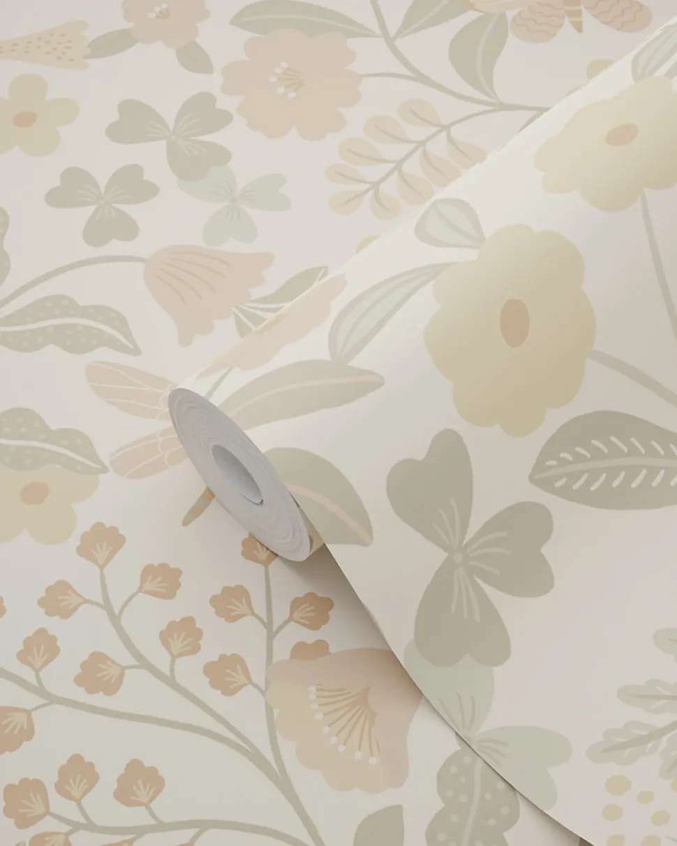 ESTAhome papier peint fleurs et oiseaux beige, vert et rose clair - 53 cm x 10.05 m - 139867