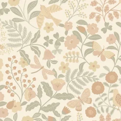 ESTAhome papier peint fleurs et oiseaux beige, vert et rose clair - 53 cm x 10.05 m - 139867
