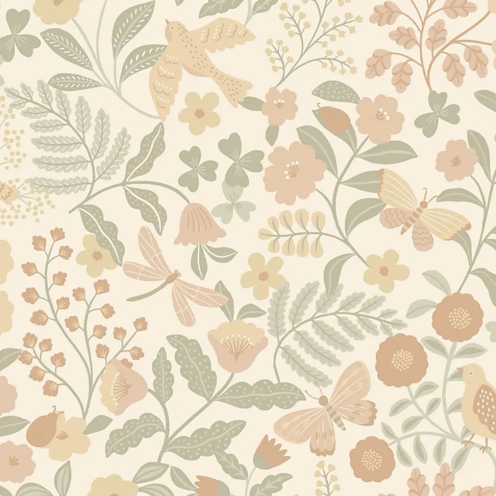 ESTAhome papier peint fleurs et oiseaux beige, vert et rose clair - 53 cm x 10.05 m - 139867
