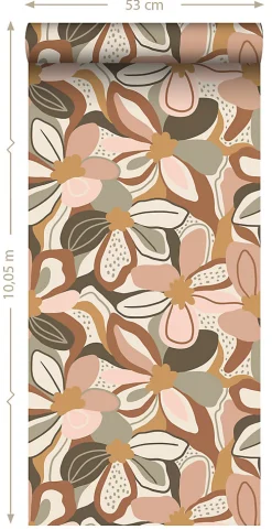 ESTAhome papier peint fleurs terracotta et rose clair - 50 x 900 cm - 139629