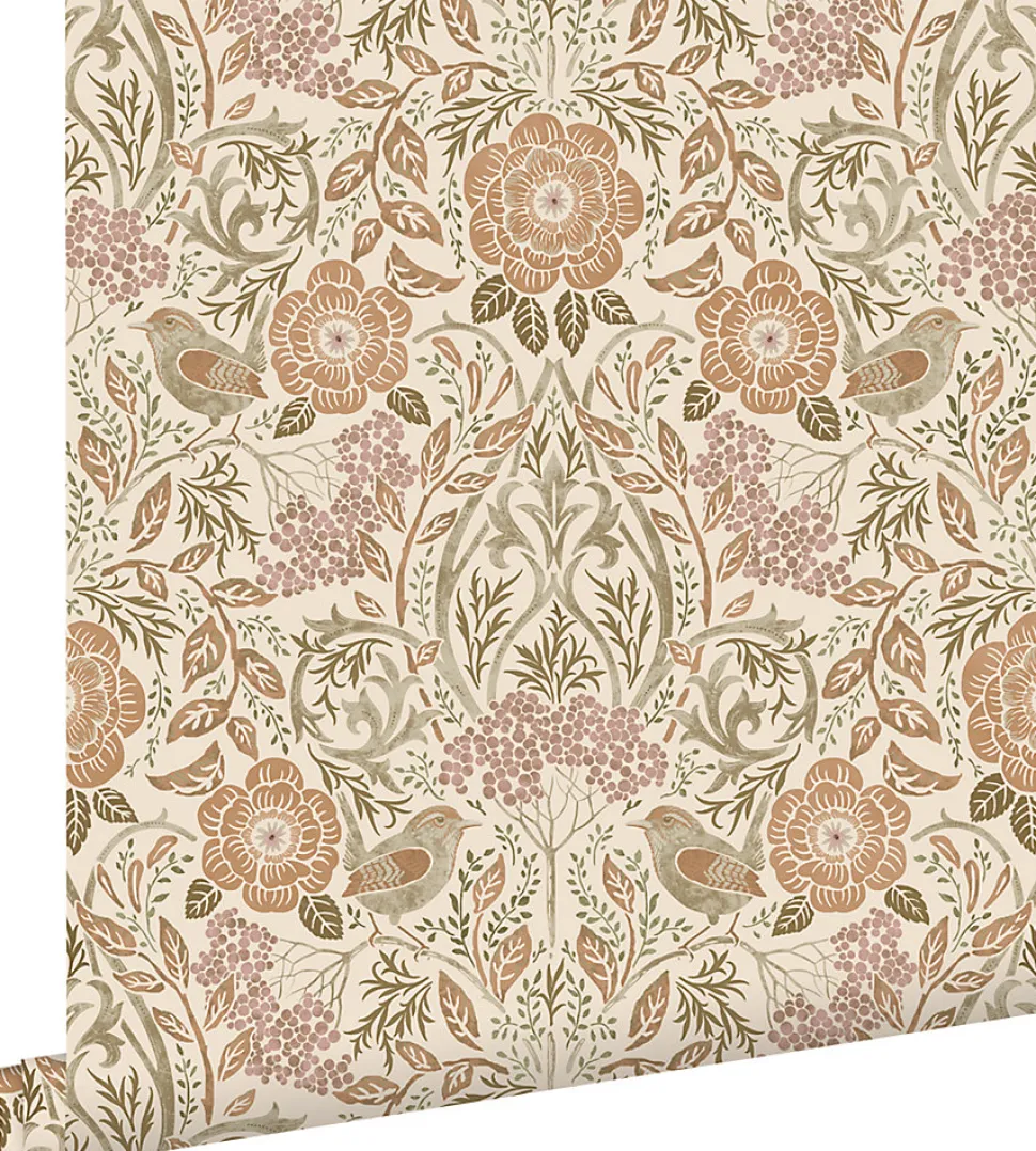 ESTAhome papier peint fleurs et oiseaux de style art nouveau couleur sable, beige et vieux rose - 53 cm x 10.05 m - 139566