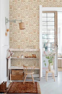 ESTAhome papier peint fleurs et oiseaux de style art nouveau couleur sable, beige et vieux rose - 53 cm x 10.05 m - 139566