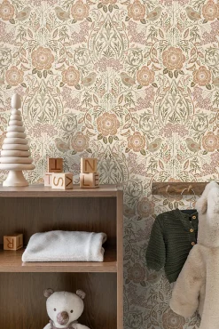 ESTAhome papier peint fleurs et oiseaux de style art nouveau couleur sable, beige et vieux rose - 53 cm x 10.05 m - 139566