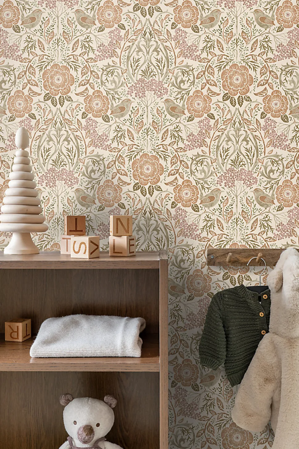 ESTAhome papier peint fleurs et oiseaux de style art nouveau couleur sable, beige et vieux rose - 53 cm x 10.05 m - 139566