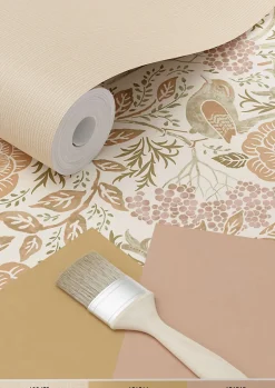 ESTAhome papier peint fleurs et oiseaux de style art nouveau couleur sable, beige et vieux rose - 53 cm x 10.05 m - 139566