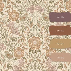 ESTAhome papier peint fleurs et oiseaux de style art nouveau couleur sable, beige et vieux rose - 53 cm x 10.05 m - 139566