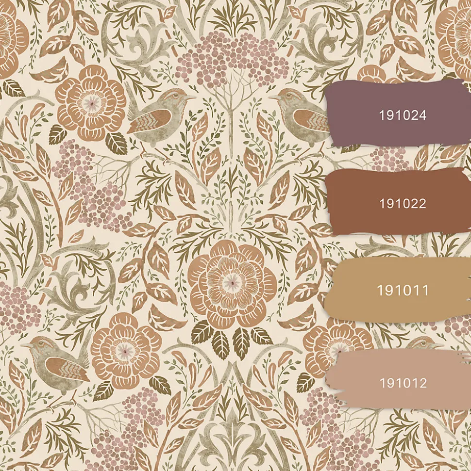 ESTAhome papier peint fleurs et oiseaux de style art nouveau couleur sable, beige et vieux rose - 53 cm x 10.05 m - 139566