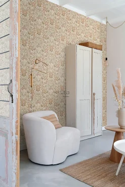 ESTAhome papier peint fleurs et oiseaux de style art nouveau couleur sable, beige et vieux rose - 53 cm x 10.05 m - 139566