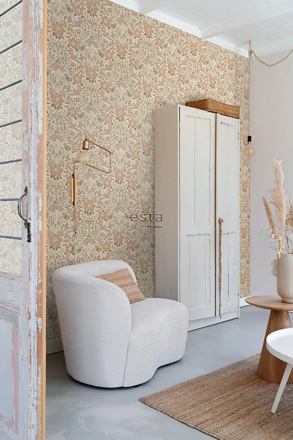 ESTAhome papier peint fleurs et oiseaux de style art nouveau couleur sable, beige et vieux rose - 53 cm x 10.05 m - 139566