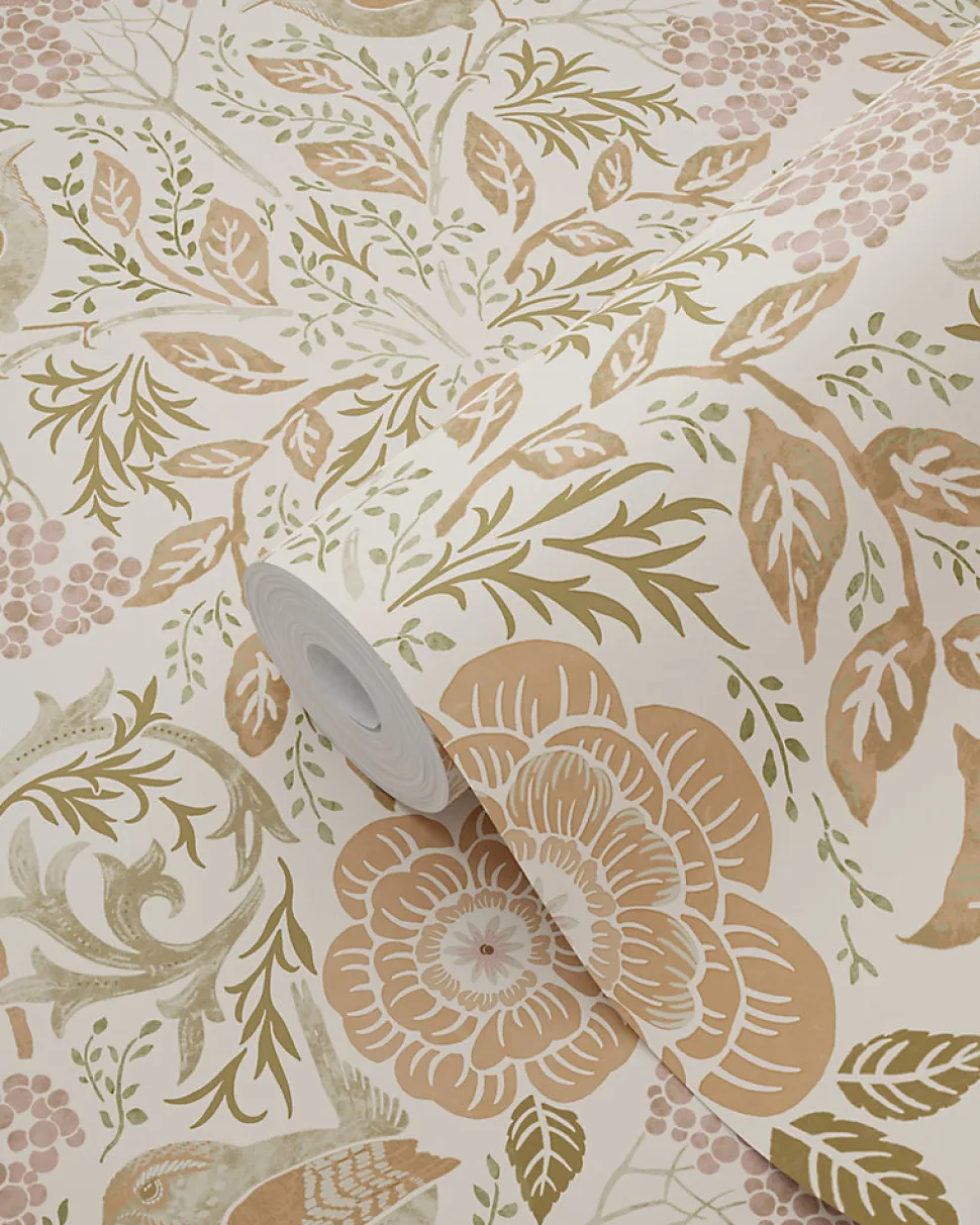 ESTAhome papier peint fleurs et oiseaux de style art nouveau couleur sable, beige et vieux rose - 53 cm x 10.05 m - 139566
