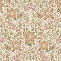 ESTAhome papier peint fleurs et oiseaux de style art nouveau couleur sable, beige et vieux rose - 53 cm x 10.05 m - 139566