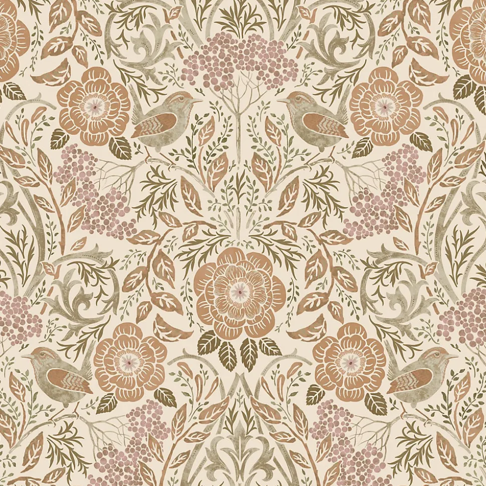 ESTAhome papier peint fleurs et oiseaux de style art nouveau couleur sable, beige et vieux rose - 53 cm x 10.05 m - 139566