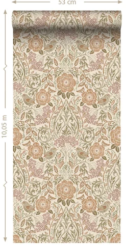 ESTAhome papier peint fleurs et oiseaux de style art nouveau couleur sable, beige et vieux rose - 53 cm x 10.05 m - 139566
