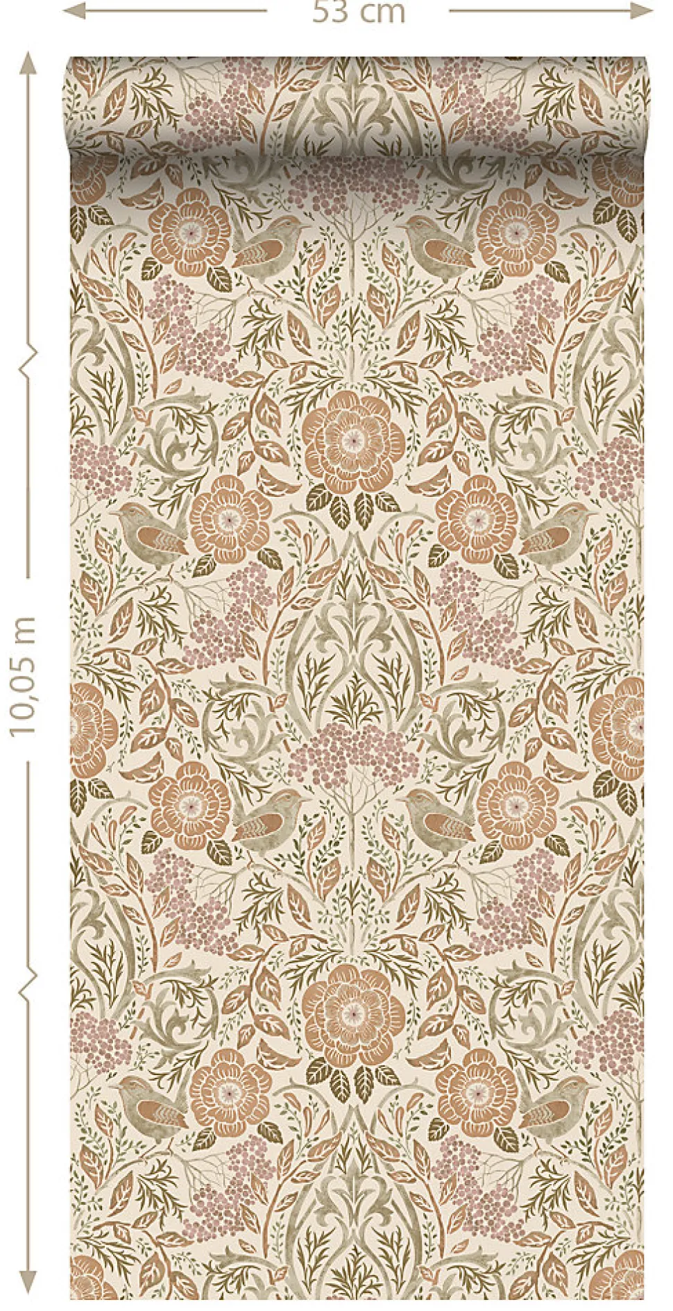 ESTAhome papier peint fleurs et oiseaux de style art nouveau couleur sable, beige et vieux rose - 53 cm x 10.05 m - 139566