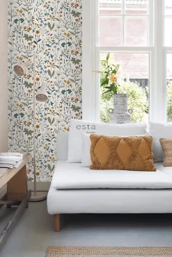 ESTAhome papier peint fleurs des champs jaune ocre, vert grisé et vintage bleu - 53 cm x 10.05 m - 139391