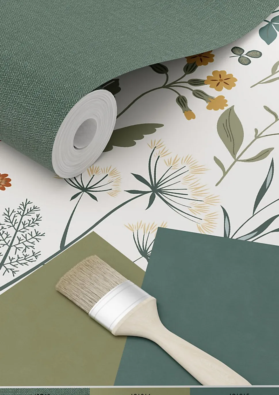 ESTAhome papier peint fleurs des champs jaune ocre, vert grisé et vintage bleu - 53 cm x 10.05 m - 139391