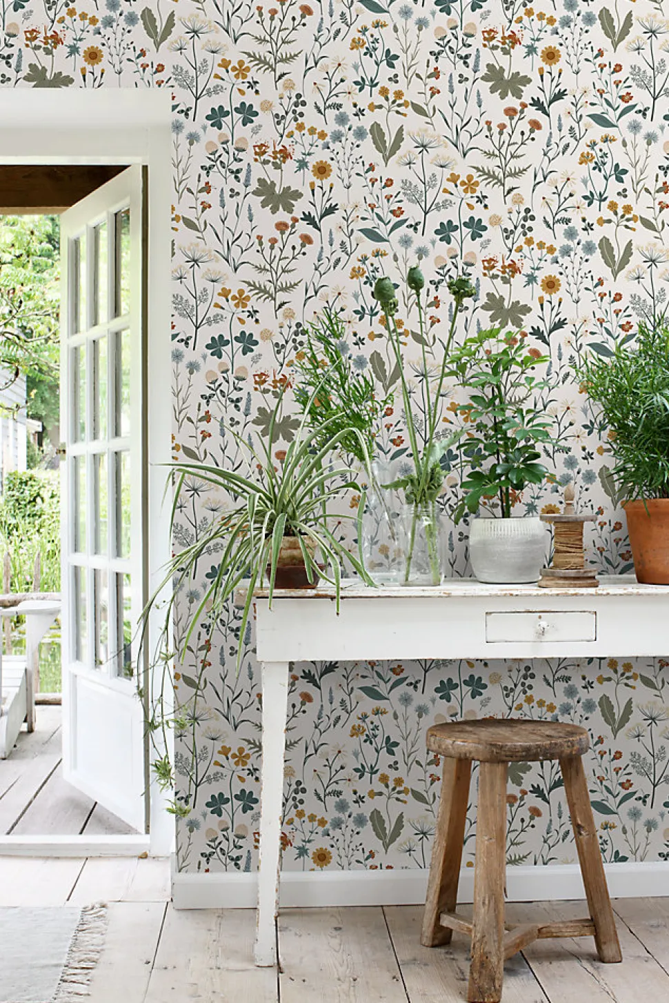 ESTAhome papier peint fleurs des champs jaune ocre, vert grisé et vintage bleu - 53 cm x 10.05 m - 139391