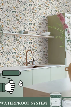 ESTAhome papier peint fleurs des champs jaune ocre, vert grisé et vintage bleu - 53 cm x 10.05 m - 139391