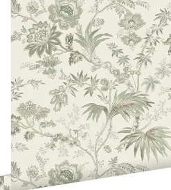 ESTAhome papier peint fleurs vintage beige crème et vert grisé - 53 cm x 10.05 m - 139400