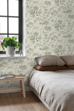 ESTAhome papier peint fleurs vintage beige crème et vert grisé - 53 cm x 10.05 m - 139400