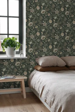 ESTAhome papier peint fleurs vintage noir et vert - 53 cm x 10.05 m - 139417