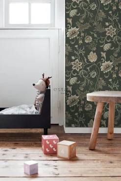 ESTAhome papier peint fleurs vintage noir et vert - 53 cm x 10.05 m - 139417
